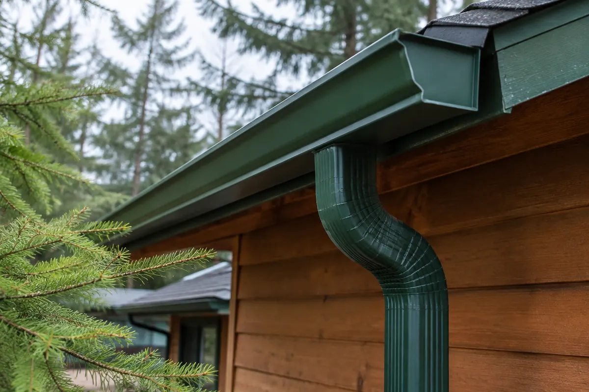 Illustrative service photograph of a dark green seamless gutter and downspout on a cedar-sided Spanaway home.