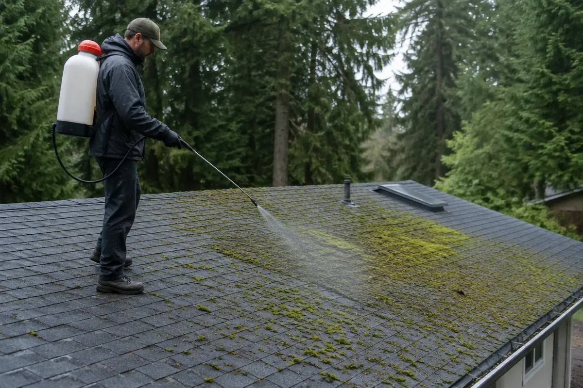 Illustrative service photograph of a worker applying spray-on moss treatment to a shaded roof in Spanaway.