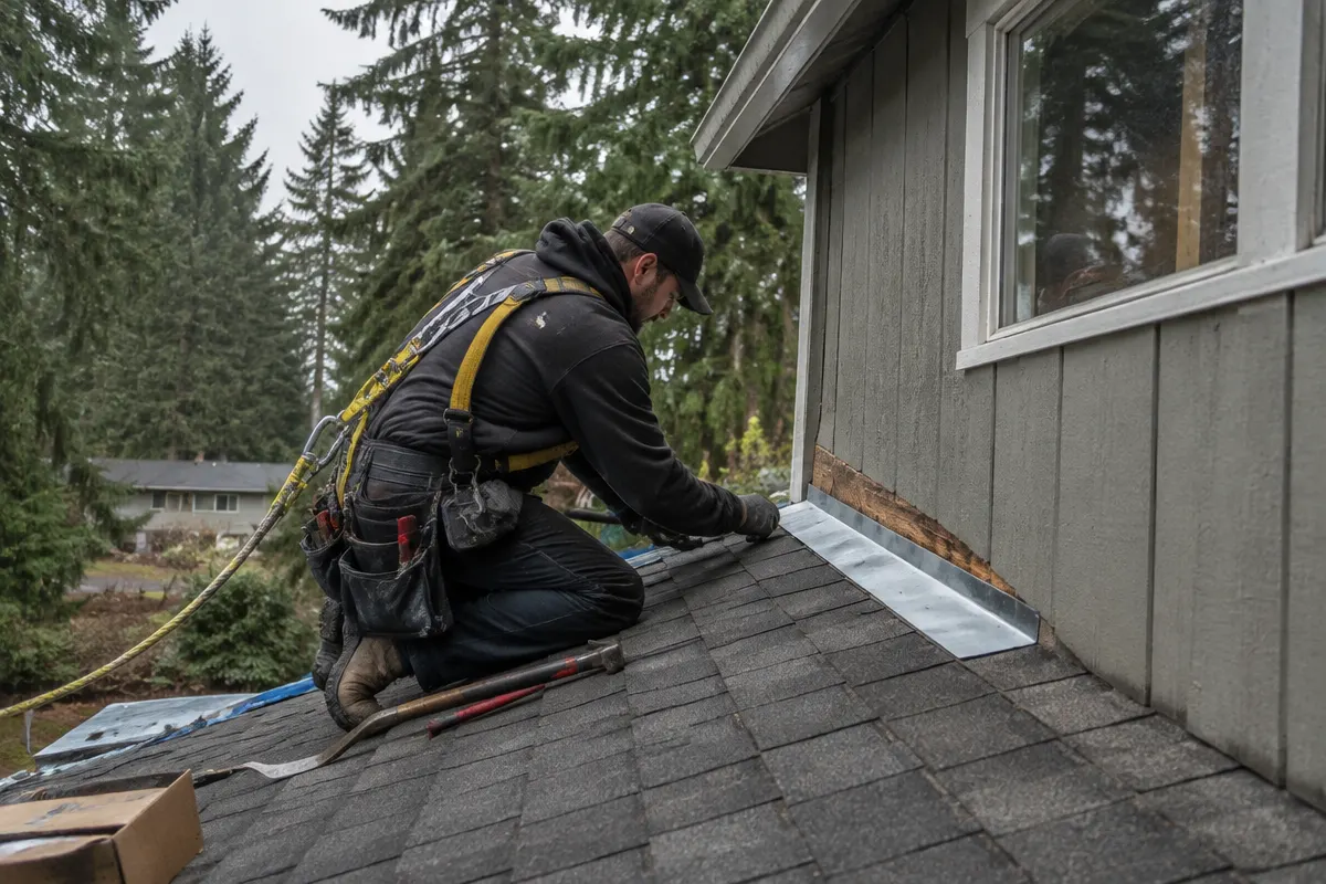 Illustrative service photograph of a roofer replacing step flashing at a sidewall on a Spanaway split-level home.