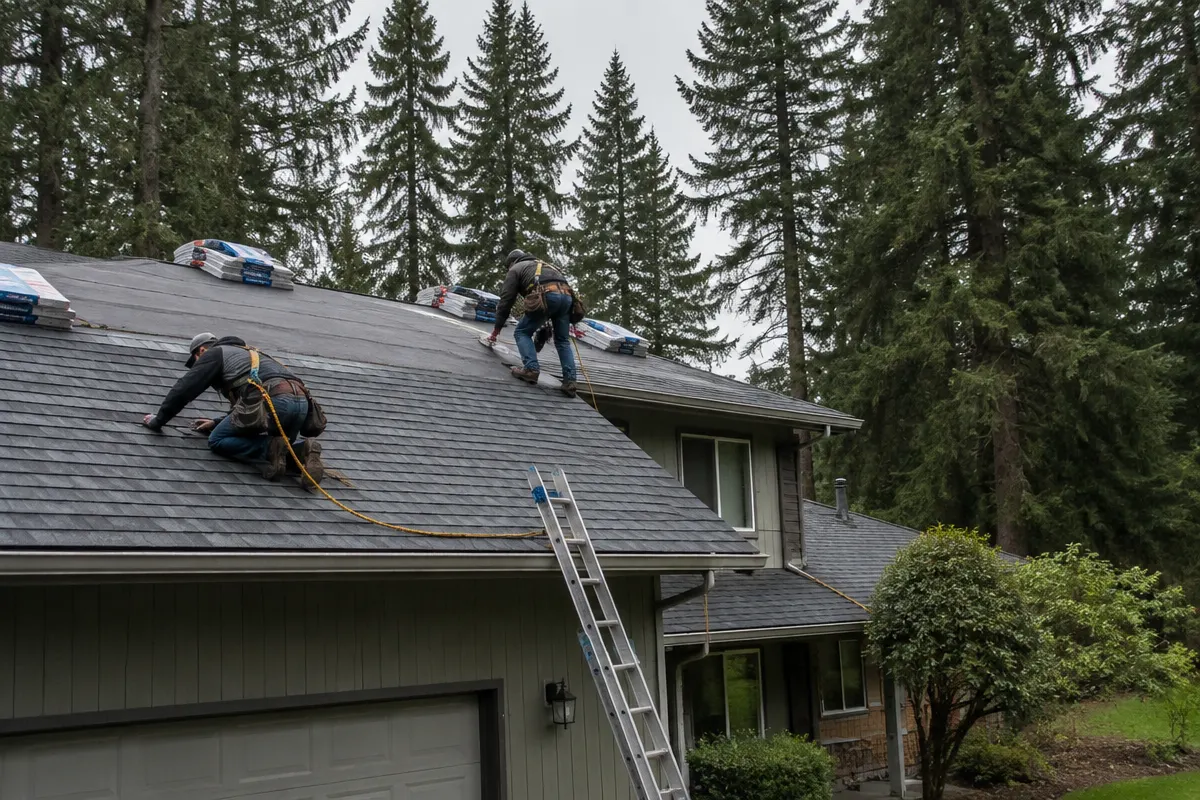Illustrative service photograph of two harnessed roofers installing asphalt shingles on a wooded Spanaway home.