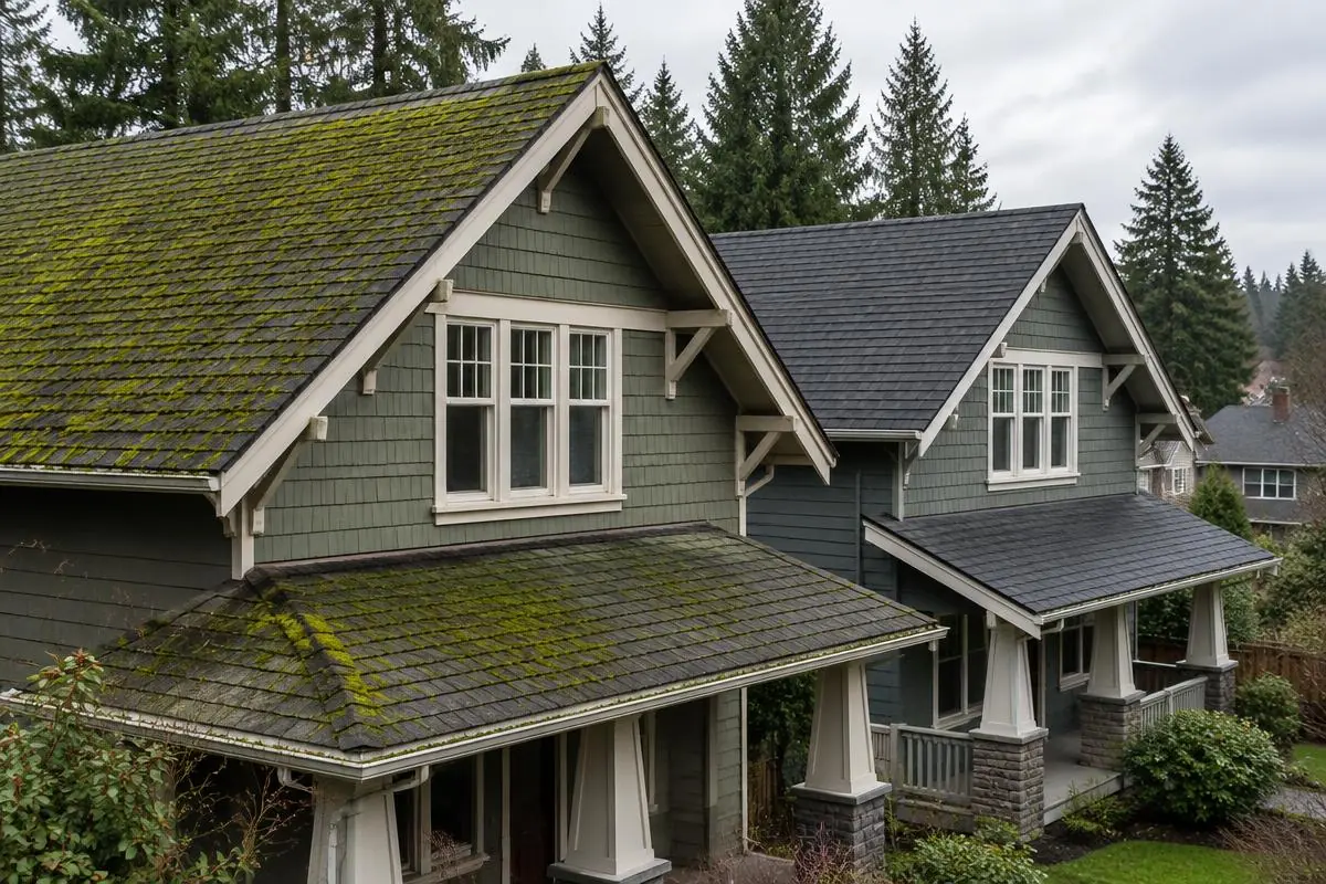 Illustrative photo: moss-covered and clean treated roofs on similar Proctor Tacoma homes.