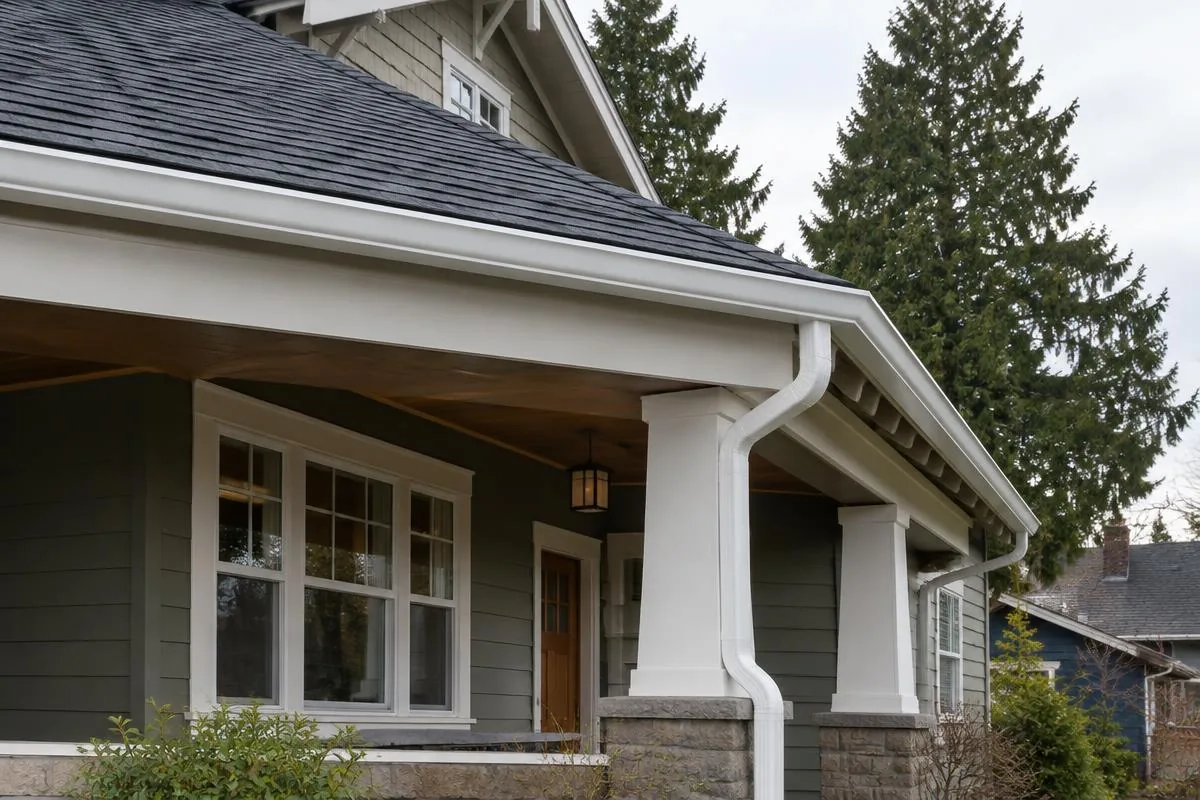 Illustrative photo: seamless gutters on a Stadium District Tacoma Craftsman home.