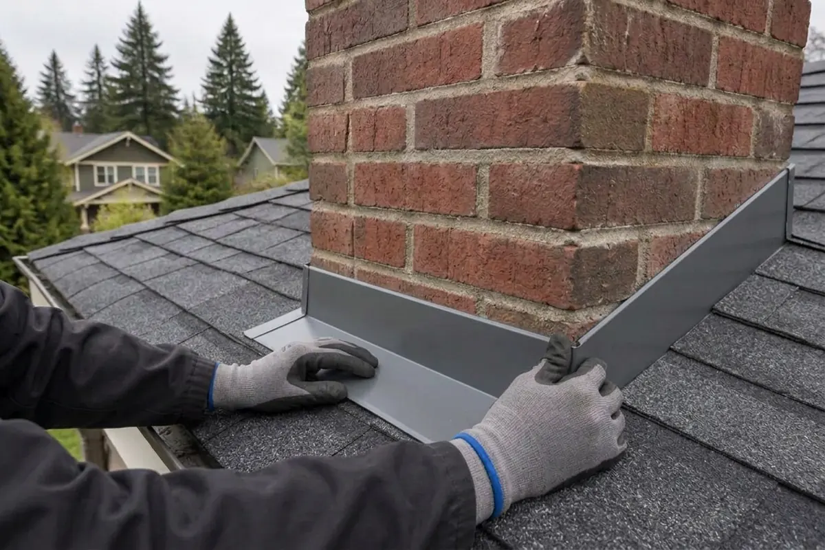 Illustrative photo: hands installing chimney flashing on a North End Tacoma Craftsman roof.
