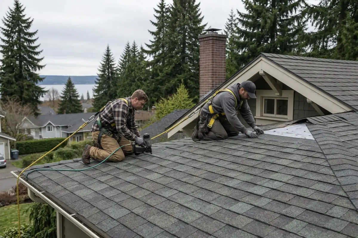 Illustrative photo: two harnessed roofers installing aligned asphalt shingles on a North End Tacoma Craftsman home.