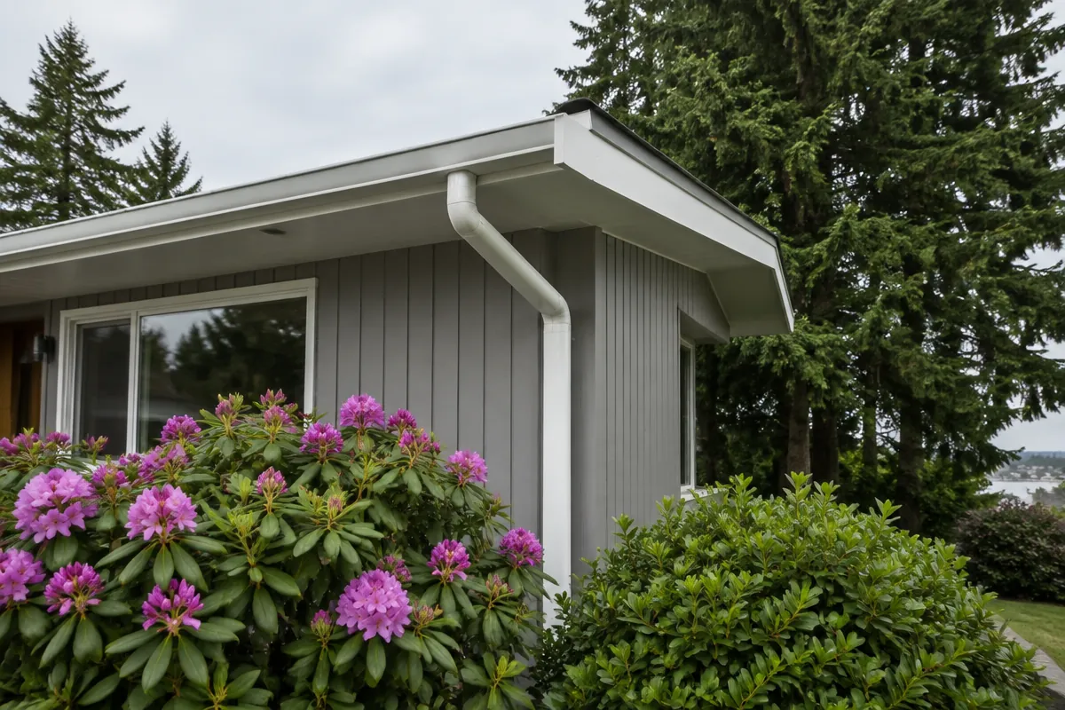 Illustrative service photograph of a white seamless gutter and downspout on a mid-century home in University Place.
