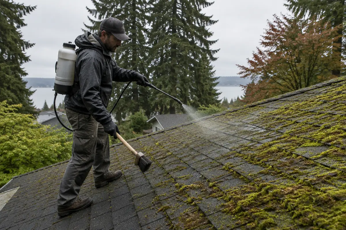 Illustrative service photograph of a worker applying spray-on moss treatment to a shaded roof in University Place.