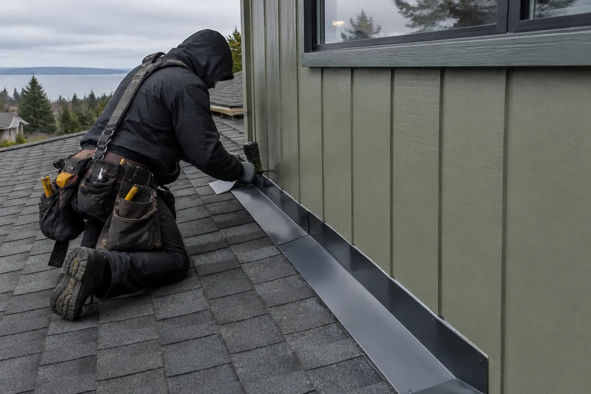 Illustrative service photograph of a roofer replacing step flashing at a sidewall on a University Place home.