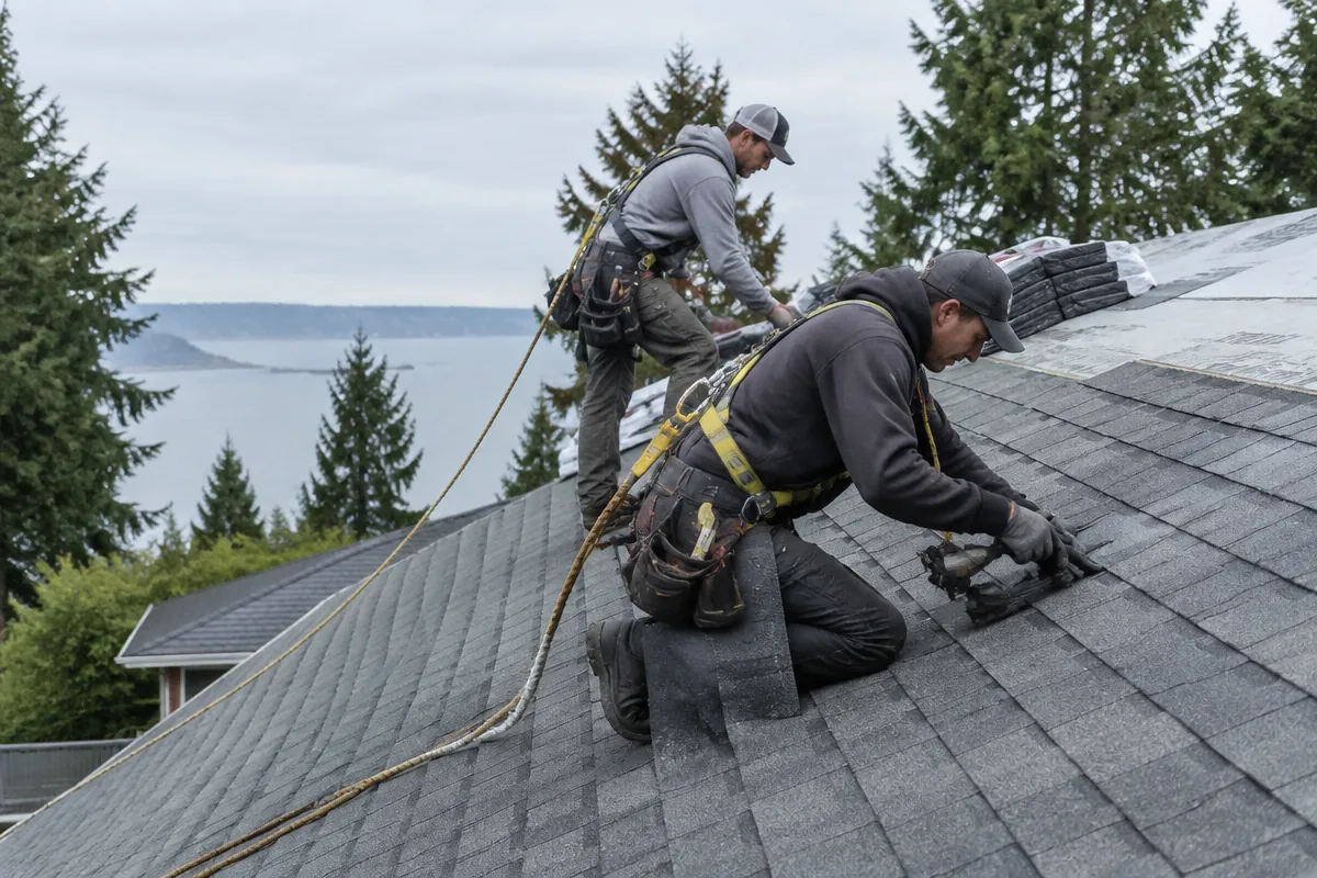 Illustrative service photograph of two harnessed roofers installing asphalt shingles on a bluff-side home in University Place.